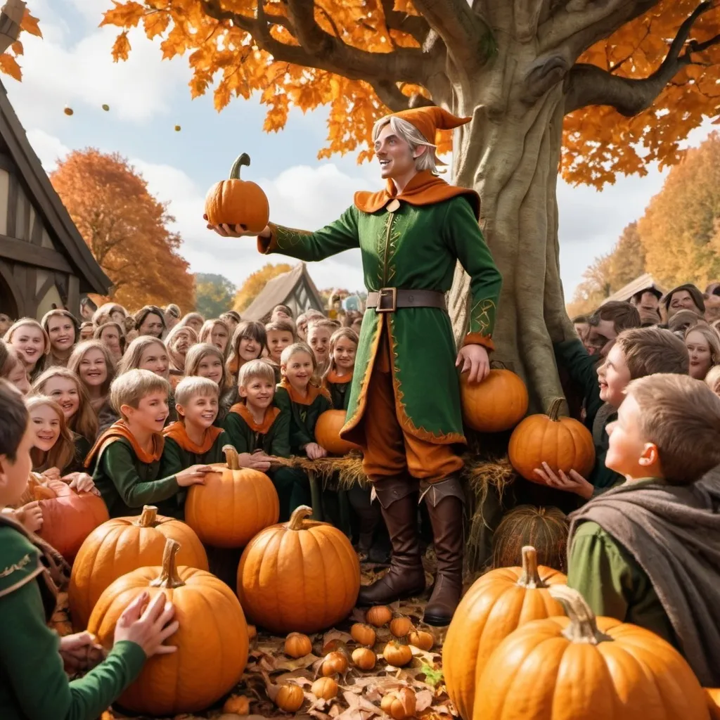 Prompt: It's autumn and the elves in riven dale decided they would help the plumpkin elves.  It's a new type of elf that swings on trees but only in Autumn.  The taller the tree the better.  This image has a high king elf speaking with a crowd of pumpkins