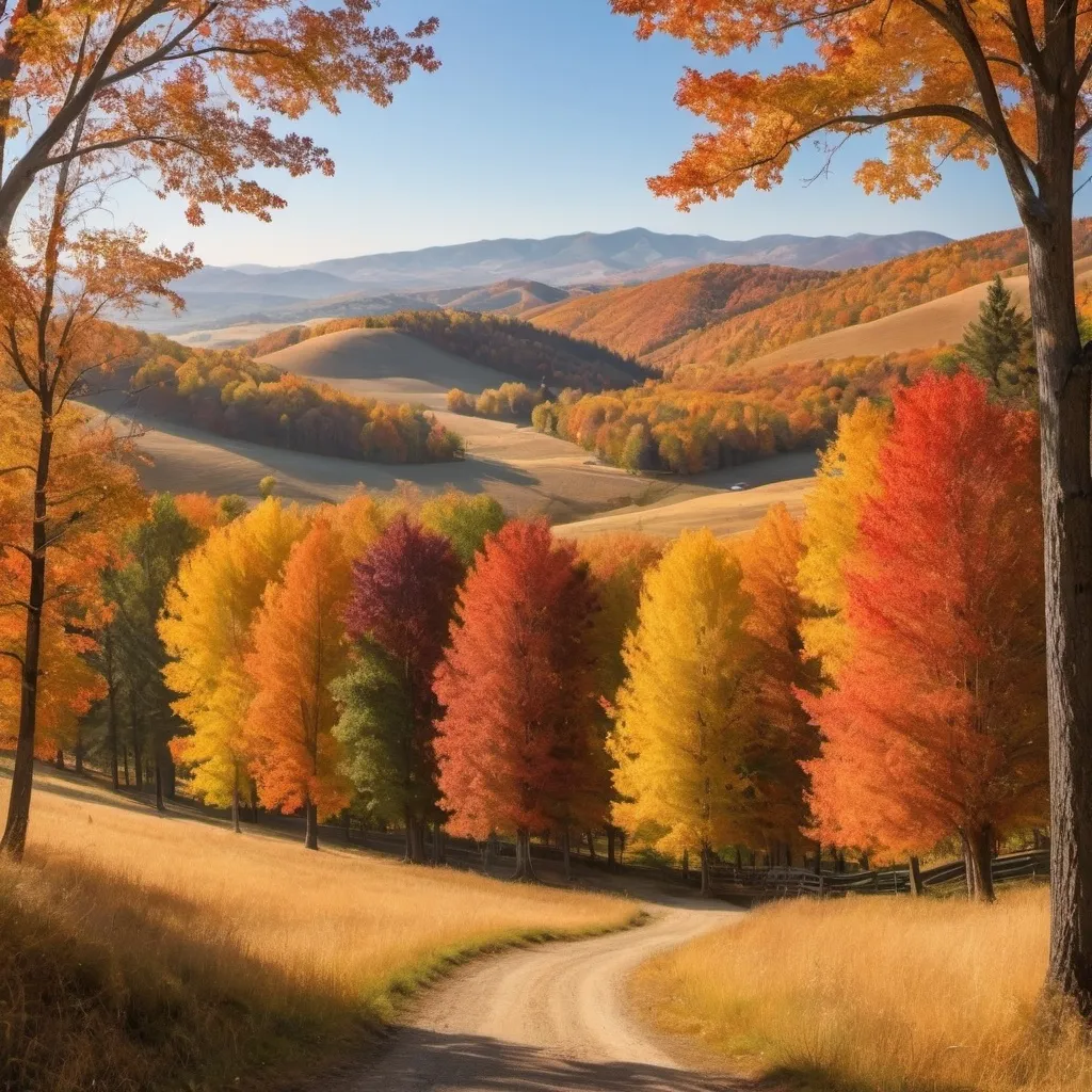 Prompt: The trees are the tallest in the land.  The autumn colors are spectacular and the rolling hills and landscape is stunning, captivating and sparkles in the cool season sunlight.