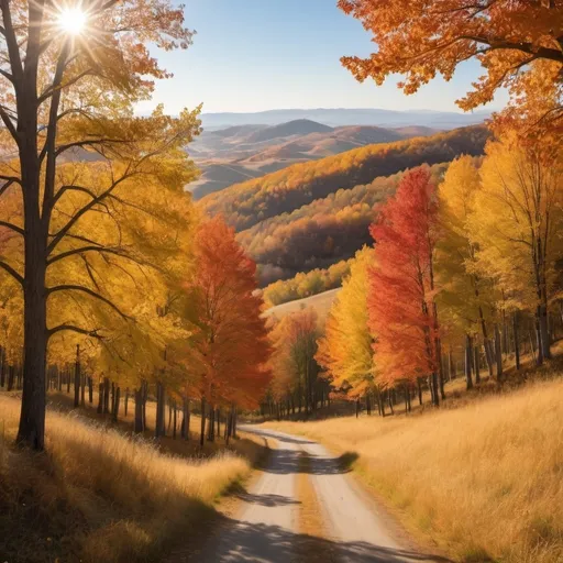 Prompt: The trees are the tallest in the land.  The autumn colors are spectacular and the rolling hills and landscape is stunning, captivating and sparkles in the cool season sunlight.