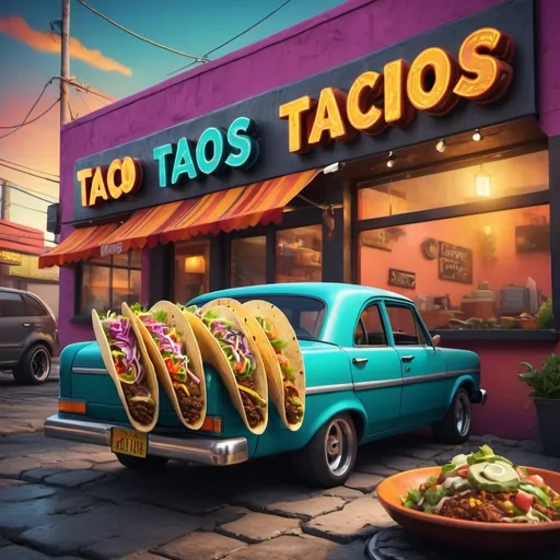 Prompt: (tacos and tires), vibrant colors, delicious food, dynamic and captivating layout, engaging composition, modern and funky vibe, urban street feel, tacos overflowing with fillings, shiny tires, contrasting textures, lively ambiance, high detail, ultra-detailed, perfect for a food and automotive fusion theme.