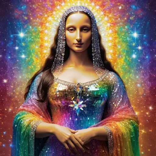 Prompt: Rainbow crystal Mona Lisa goddess, (ethereal figure), intricate crystal dress, surrounded by shimmering rainbow crystals, (glowing aura) radiating vibrant hues of light, (magical atmosphere) enchanting and uplifting, (intricate crystal details), surrounded by a celestial background, stars twinkling faintly, (vibrant colors), illuminated with soft glows, showcasing reflections and refractions of light, (highly detailed), spellbinding expression of grace and beauty.