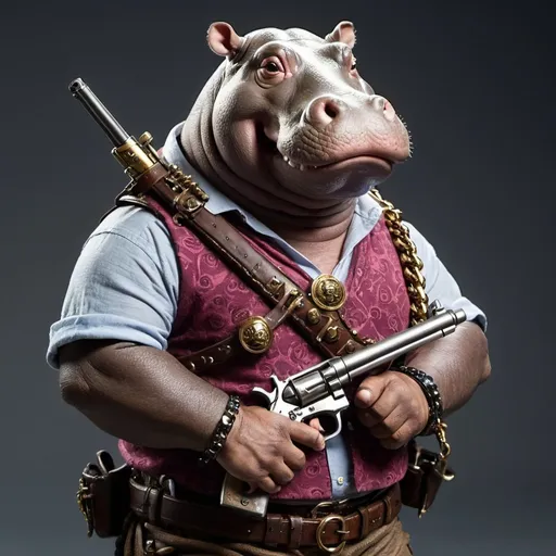 Prompt: Hippo warrior in chain shirt with flintlock pistol
