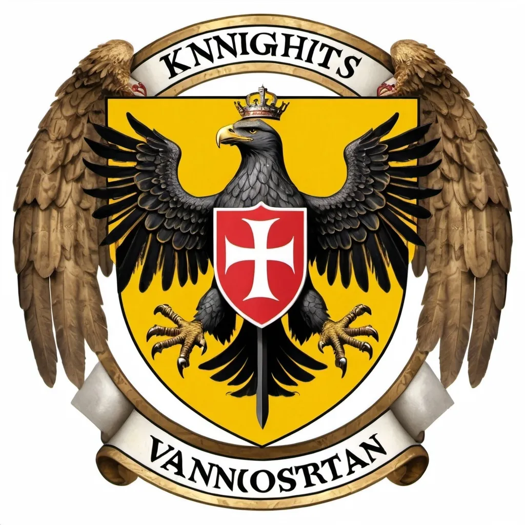 Prompt: A knights Templar coat of arms with a golden yellow eagle, with name label “VANNOSTRAN”. 