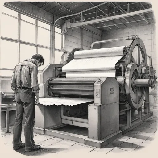 Prompt: drawing of a man standing next to a paper machine crying