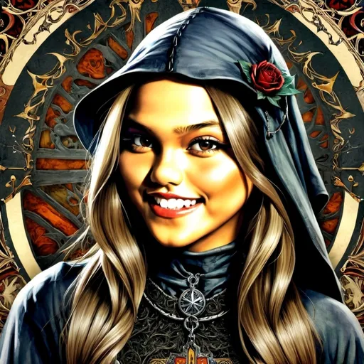 Prompt: full body fantasy artwork of medieval woman who looks like taylor swift on a tarot card. include a dagger, long flowing sleeves, hair braid, quill and ink pot