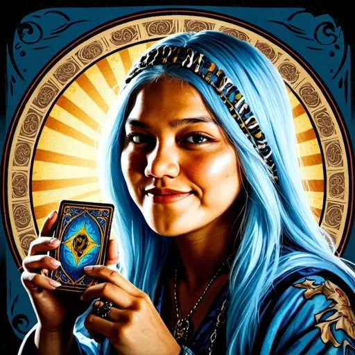 Prompt: tarot card illustration, Light-blue haired woman, detailed ornate cloth robe, dramatic lighting