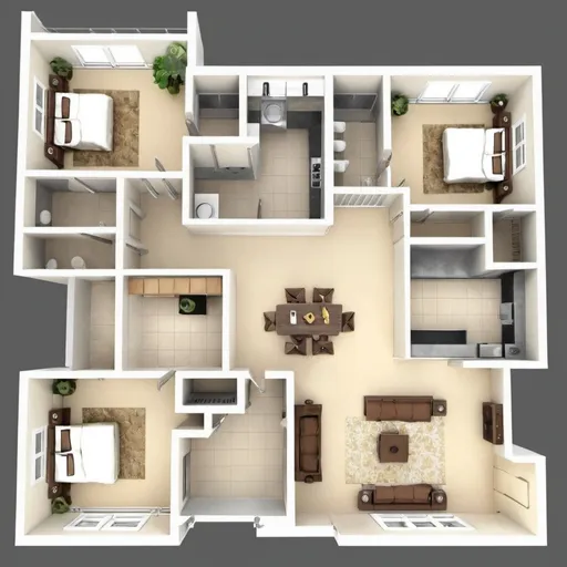 Prompt: Three bedrooms house layout