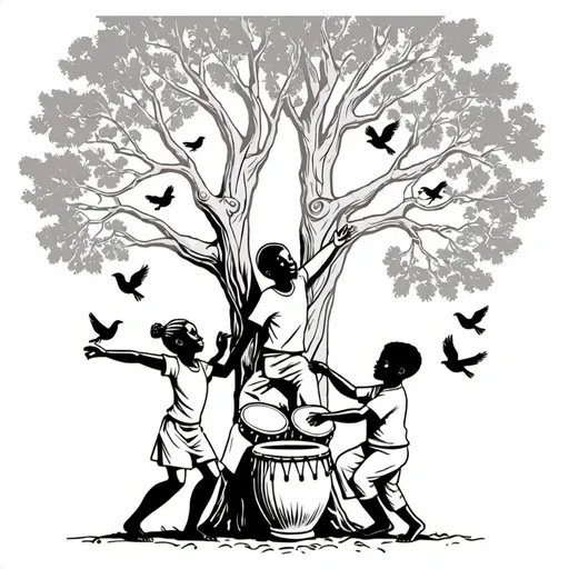 Prompt: djembe drummer slightly merged into an oak tree, with children dancing, and a few birds
continuous line art, mono color
