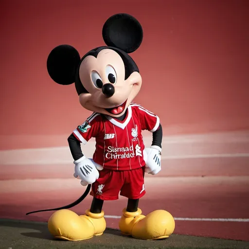 Prompt: Mickey Mouse with Liverpool shirt on