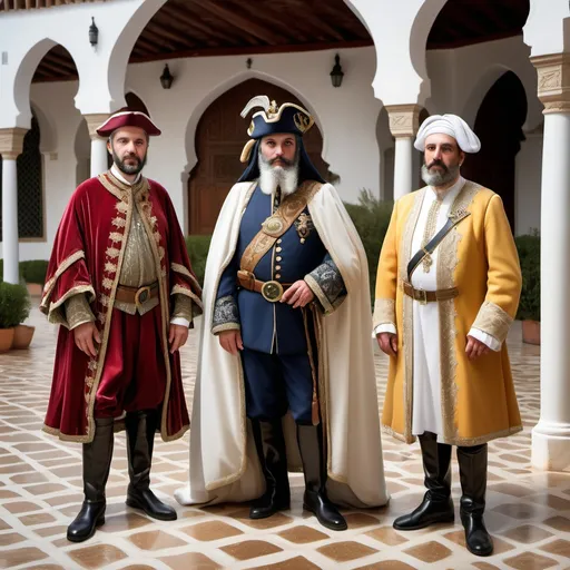 Prompt: High resolution image of three foreign ambassadors from the 15th century. One of them is dressed as a Portuguese sea captain. The second wears luxurious Arab Andalusian clothing. The third is wearing an Ottoman uniform. They are all waiting at the royal court of the Governor of Tetouan. To appear before her. Palace garden.