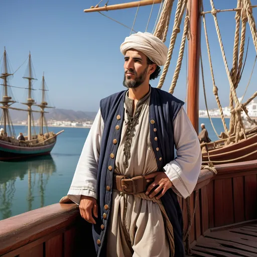 Prompt: High resolution image. A 15th century Moroccan Andalusian merchant, standing in the port of Tetouan. He wears elegant clothes in the Andalusian-Arabic style. He is talking to the ship's captain. Background Wooden trading ships from the 15th century. Carry cargo. Anchored in the port. In a calm sea and clear sky.