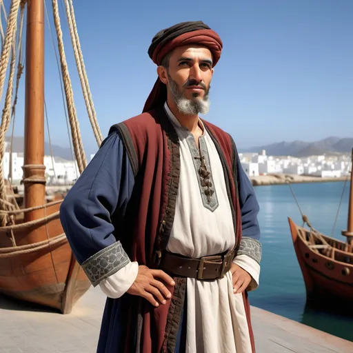 Prompt: High resolution image. A 15th century Moroccan Andalusian merchant, standing in the port of Tetouan. He wears elegant clothes in the Andalusian-Arabic style. He is talking to the ship's captain. Background Wooden trading ships from the 15th century. Carry cargo. Anchored in the port. In a calm sea and clear sky.