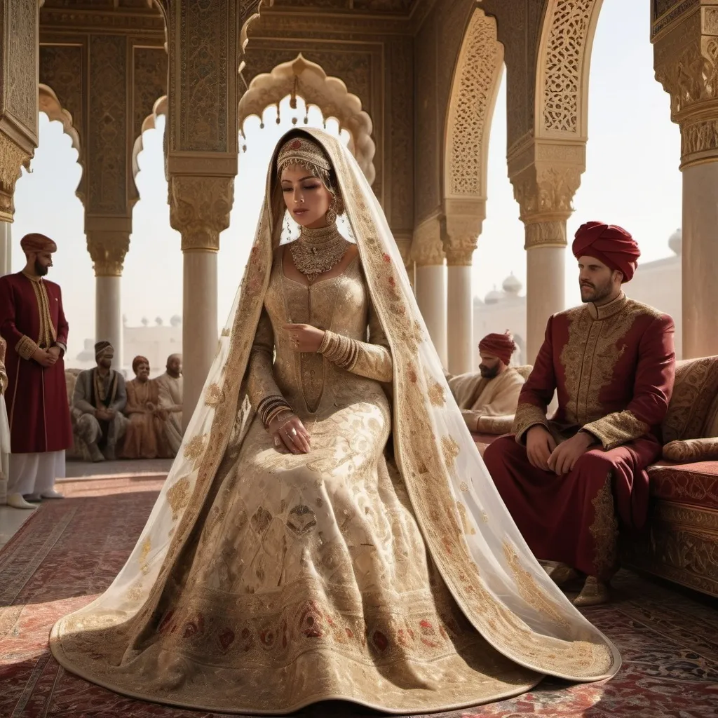 Prompt: Realistic high resolution image. A grand wedding scene in a royal palace showing the Sultan and Sultana in luxurious traditional attire. The Sultan wears an elaborate robe with intricate designs and a royal turban, while the Sultana is adorned with an elegant traditional Moroccan royal dress. Intricately beaded, jeweled tiara, and long, flowing veil covering her head and throat. She wears a thin veil over her face. The veil worn by the Sultana bride must cover her head and throat. Her chest is also not exposed. The palace is filled with lavish gold decorations, ornate arches, and luxurious carpets. The atmosphere is festive, with courtiers and servants in the background enhancing the royal atmosphere. The design is inspired by historical Islamic architecture, with ornate patterns and detailed craftsmanship visible in the surroundings.