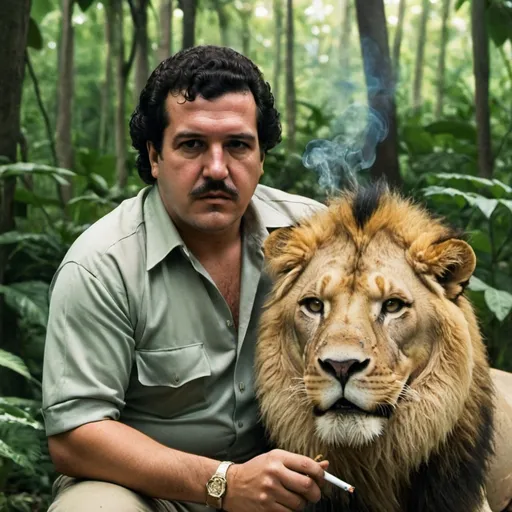 Prompt: Pablo escobar with cigarette an a lion in forest