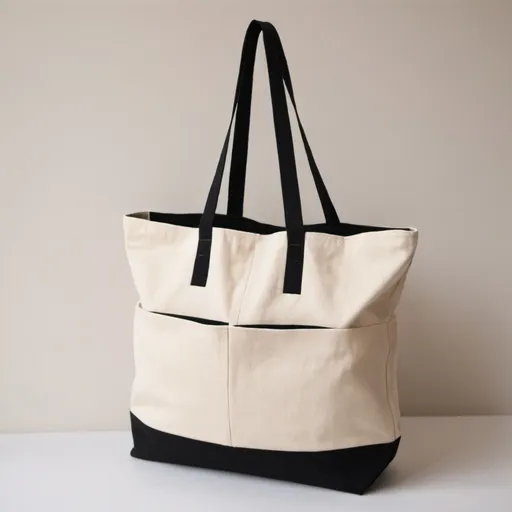 Prompt: Cream and black canvas tote bag with long handles and compartments