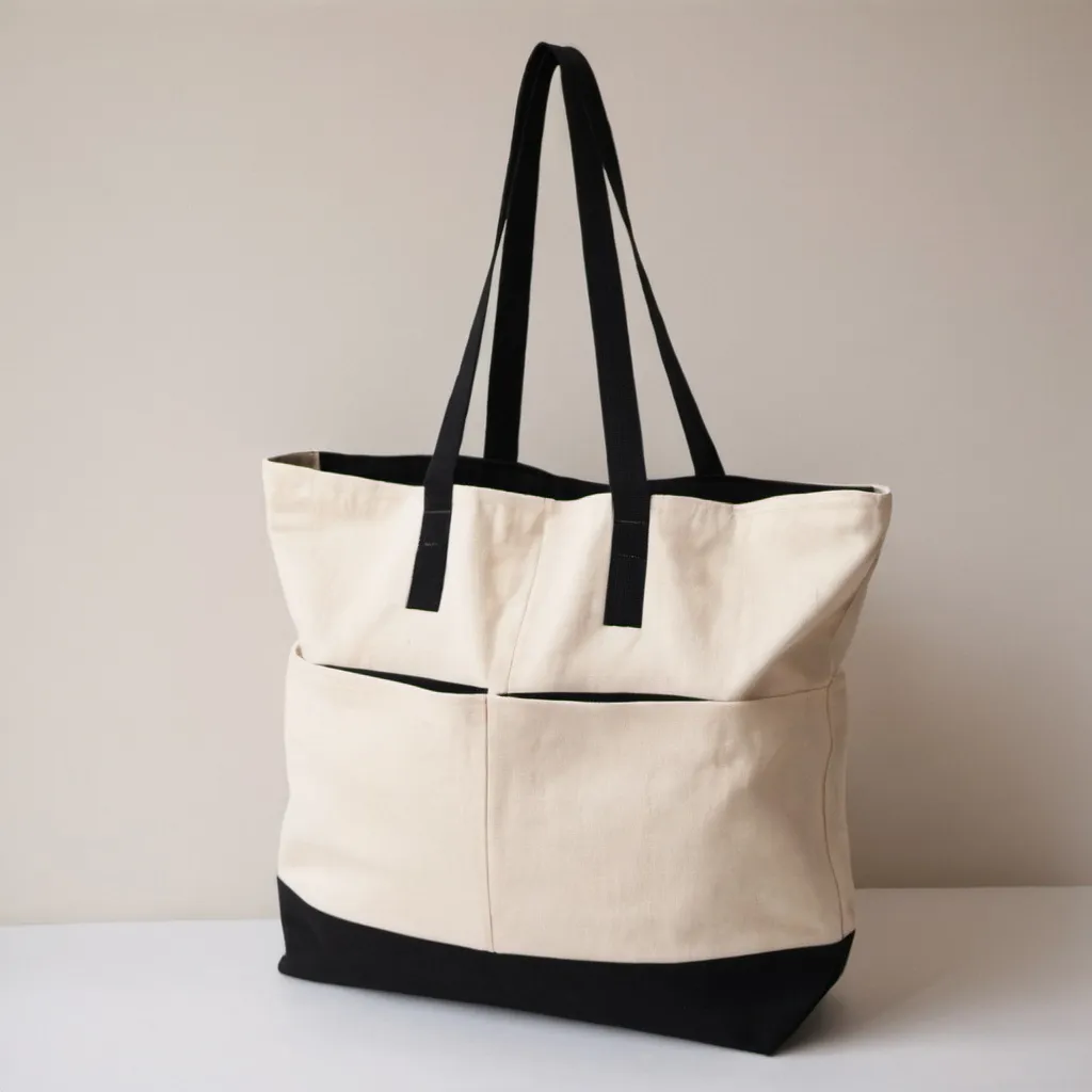 Prompt: Cream and black canvas tote bag with long handles and compartments