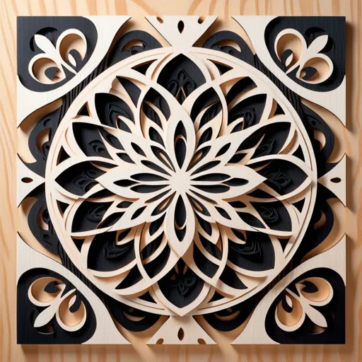 Prompt: (scroll saw pattern) optical illusion, intricate (mandala design), high detail, symmetrical shapes, swirling patterns, mesmerizing depth, black and white contrast, crisp lines, precise cuts, artistic craftsmanship, captivating visuals, decorative art piece, suitable for frame or display, modern aesthetic, high definition, visually stunning, dynamic geometry