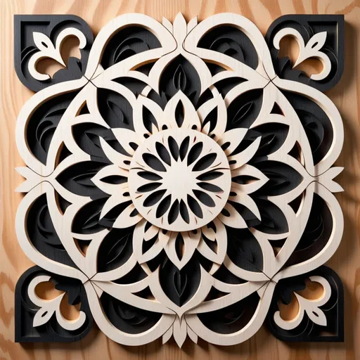 Prompt: (scroll saw pattern) optical illusion, intricate (mandala design), high detail, symmetrical shapes, swirling patterns, mesmerizing depth, black and white contrast, crisp lines, precise cuts, artistic craftsmanship, captivating visuals, decorative art piece, suitable for frame or display, modern aesthetic, high definition, visually stunning, dynamic geometry