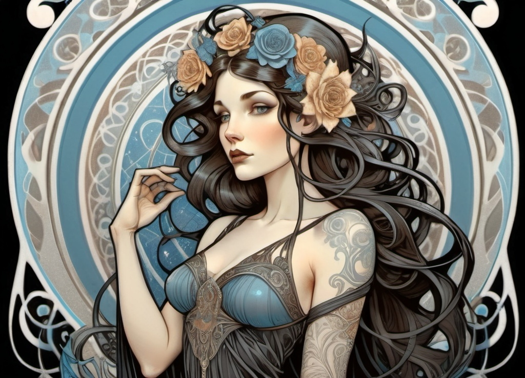 Prompt: Alphonse Mucha Style, art nouveau illustration of a full body woman, she looks like a beautiful witch, she has dark brown hair, pale skin, and blue eyes, she has tattoos, thick lines, intricate details, black and white colors