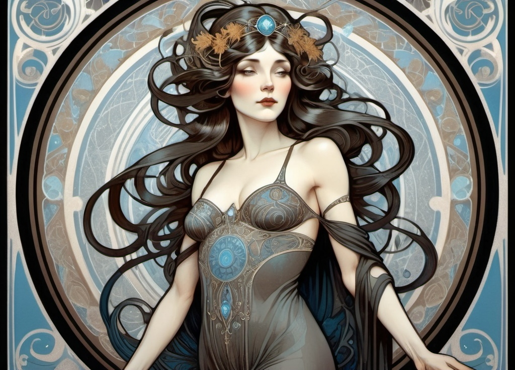 Prompt: Alphonse Mucha Style, art nouveau illustration of a full body woman, she looks like a beautiful witch, she has dark brown hair, pale skin, and blue eyes, thick lines, intricate details, black and white colors