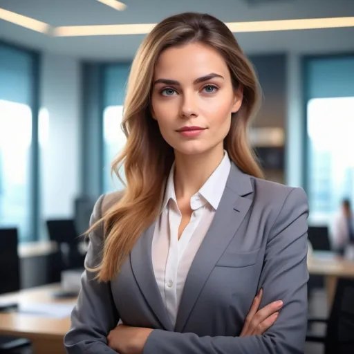 Prompt: (business woman), european, confident gaze, elegant attire, neatly styled hair, vibrant color tones, strong posture, professional ambiance, focused expression, softly blurred office background, high detail, 4K resolution, dynamic lighting, capturing professionalism and empowerment.