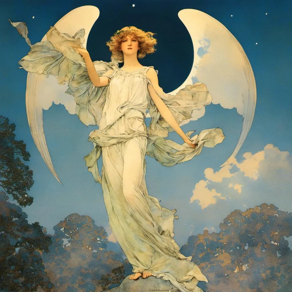 Prompt: <mymodel> Bright moon at night, Lady Diana as an angel, a woman and a large blue sky