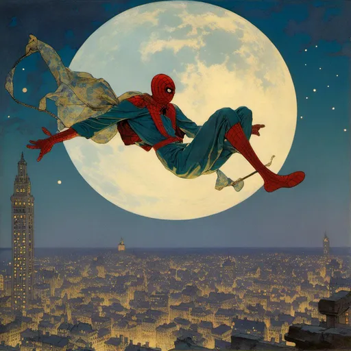 Prompt: <mymodel> spiderman swinging through a crowded cityscape, nighttime, large moon and starry sky