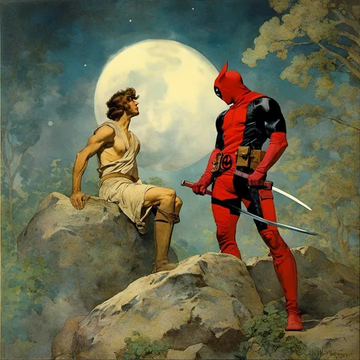 Prompt: <mymodel> a bright moon at night, deadpool and wolverine