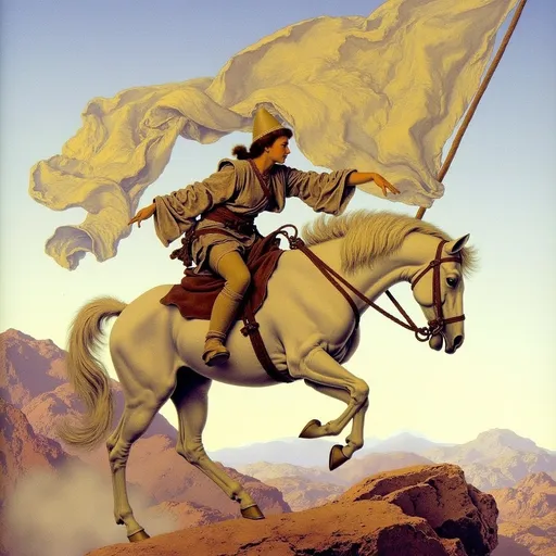 Prompt: small boy riding wild arabian horse in full regalia, holding a large cloth banner
