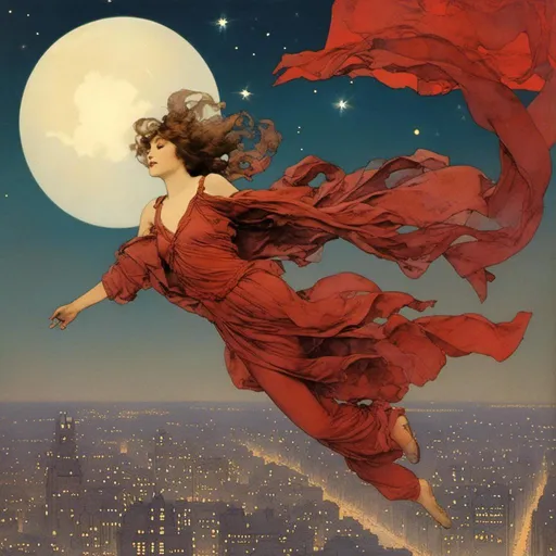 Prompt: <mymodel> a woman flying through the air, dramatic cape wildly draped around her, flying through a crowded cityscape, nighttime, large moon and starry sky, red