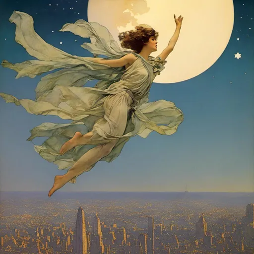 Prompt: <mymodel> a woman flying through the air, dramatic cape wildly draped around her, flying through a crowded cityscape, nighttime, large moon and starry sky