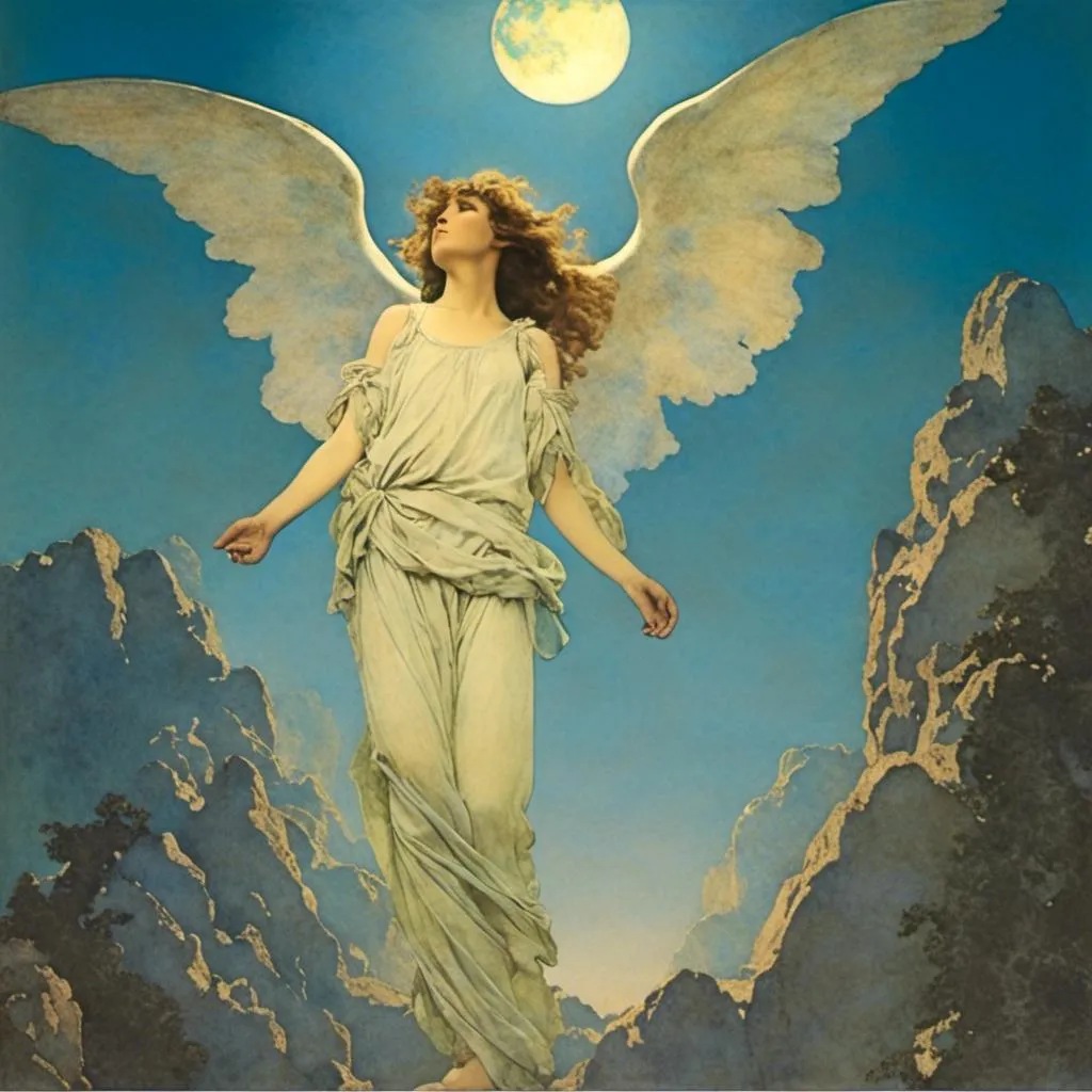 Prompt: <mymodel> Bright moon at night, Tom Cruise as an angel, a woman and a large blue sky