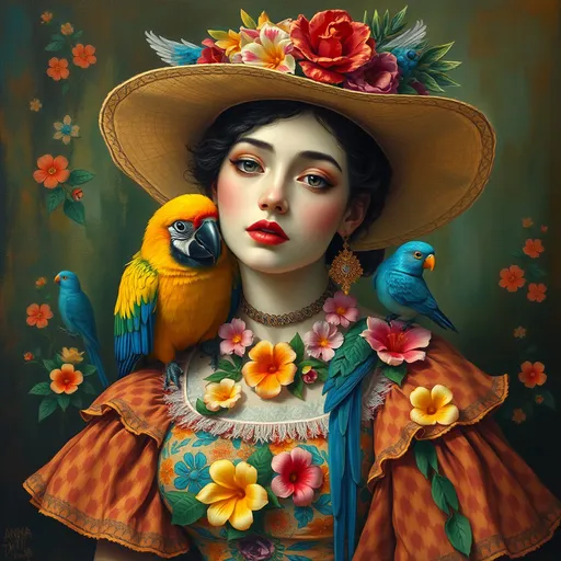 Prompt: a woman in a colorful dress and hat with a parrot on her lap and flowers around her neck and a bird on her shoulder, Anna Dittmann, fantasy art, sachin teng, a painting