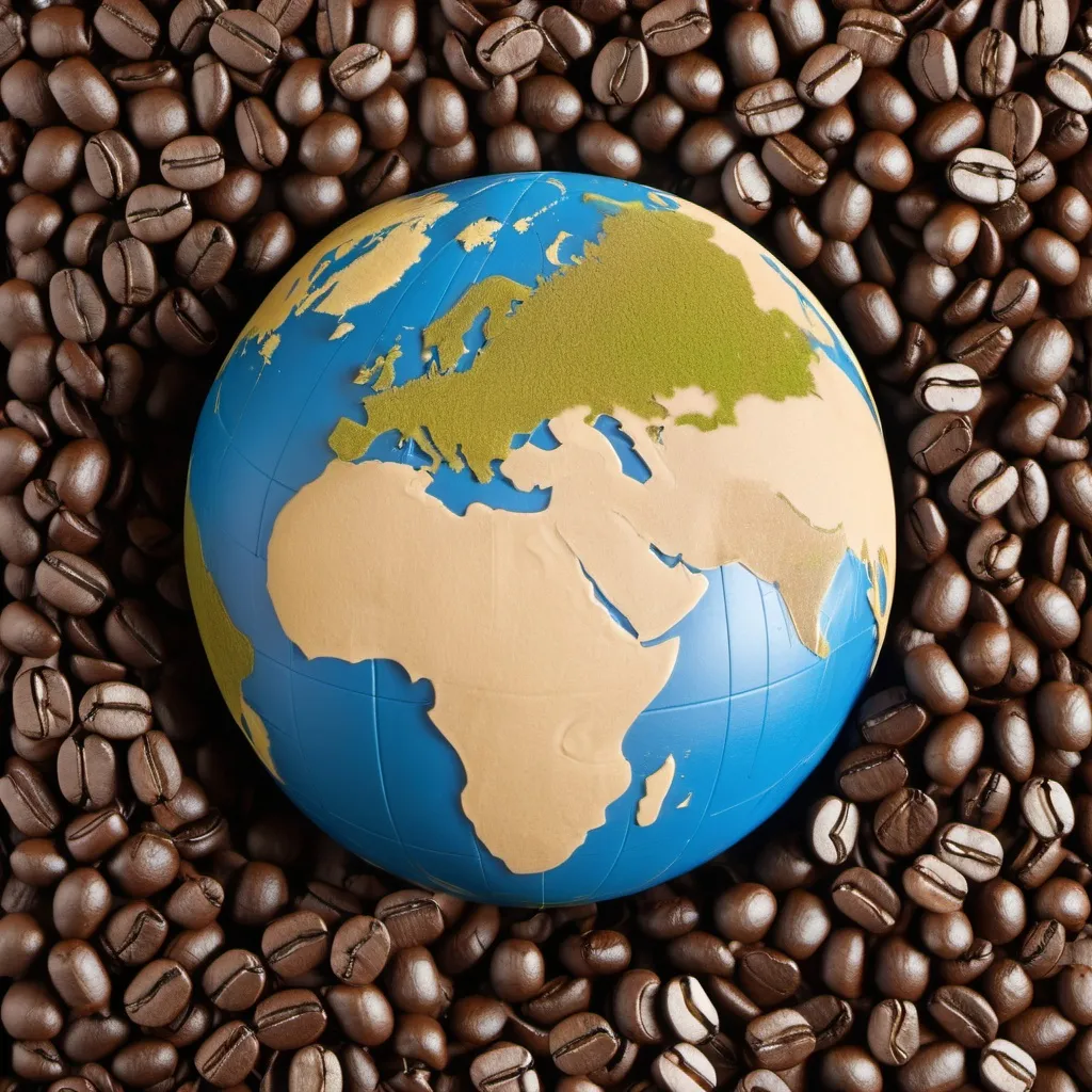 Prompt: I need a picture of a globe, intended to be used in a product picture for a blendd of coffee that is named "around the globe". have some coffee beans on there and some farms
