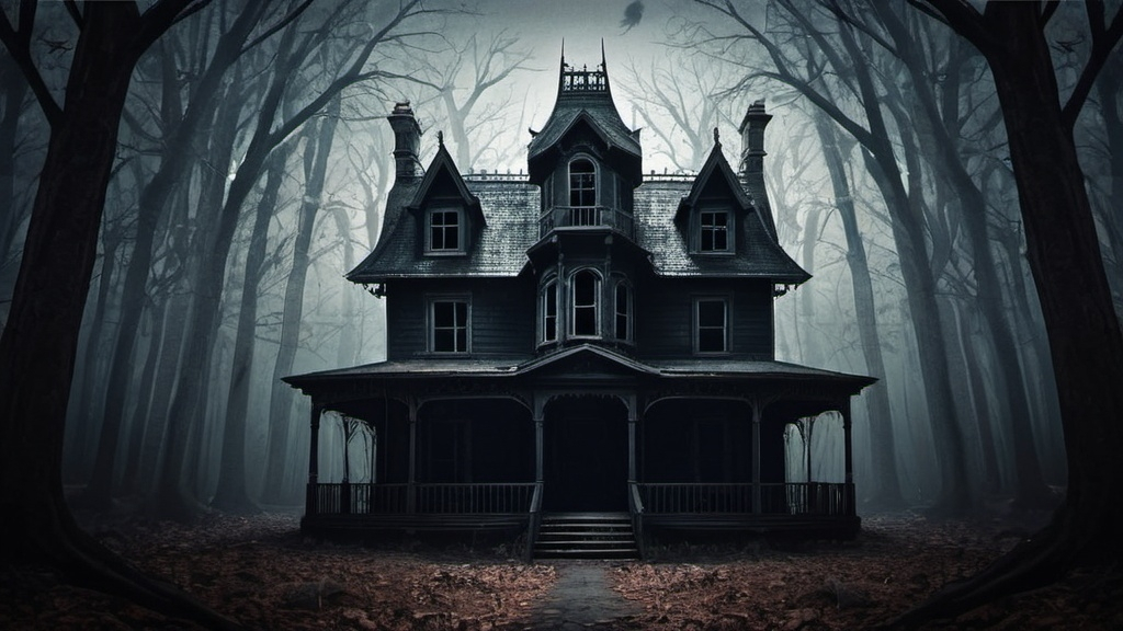 Prompt: generate a photo of a scary dark house in the forest