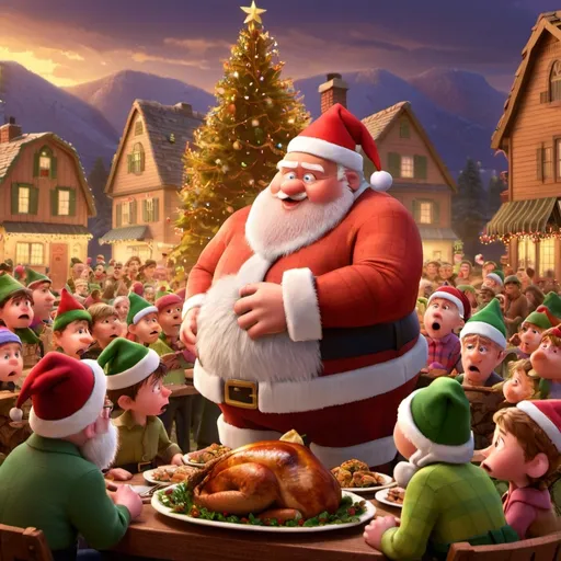 Prompt: Frustrated turkey getting crowded out of the by an extra chubby Santa and a bunch of little elves who are setting up a Christmas village in front of the turkey’s thanksgiving dinner
