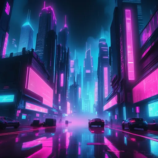 Prompt: (cyberpunk cityscape), vibrant neon lights, towering skyscrapers, futuristic metropolis, bustling streets, atmospheric fog, reflections on wet pavement, ultramodern architecture, neon blue and pink color palette, nighttime, cinematic depth and detail, immersive environment, high-tech ambiance, ultra-detailed, 4K resolution.