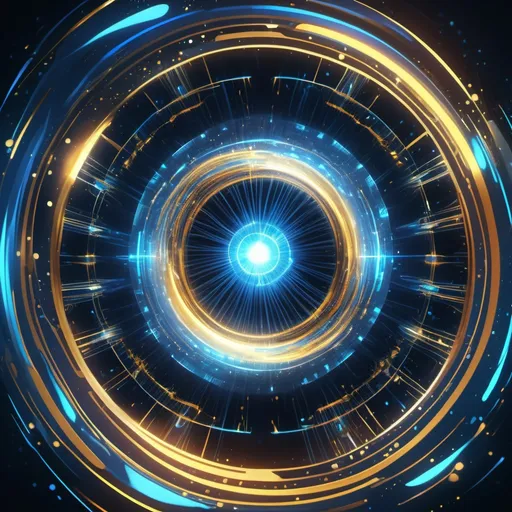 Prompt: (time-traveling portal), shimmering with vibrant energy, glowing hues of blue and gold, mystical aura, swirling lights and particles, futuristic design elements, ethereal atmosphere, dramatic perspective, sci-fi aesthetic, swirling cosmic patterns, intricate details, energy waves radiating outward, (4K), ultra-detailed, capturing motion and energy.