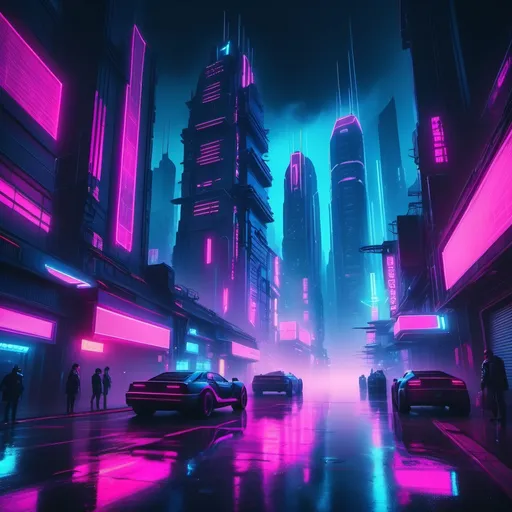 Prompt: (cyberpunk cityscape), vibrant neon lights, towering skyscrapers, futuristic metropolis, bustling streets, atmospheric fog, reflections on wet pavement, ultramodern architecture, neon blue and pink color palette, nighttime, cinematic depth and detail, immersive environment, high-tech ambiance, ultra-detailed, 4K resolution.