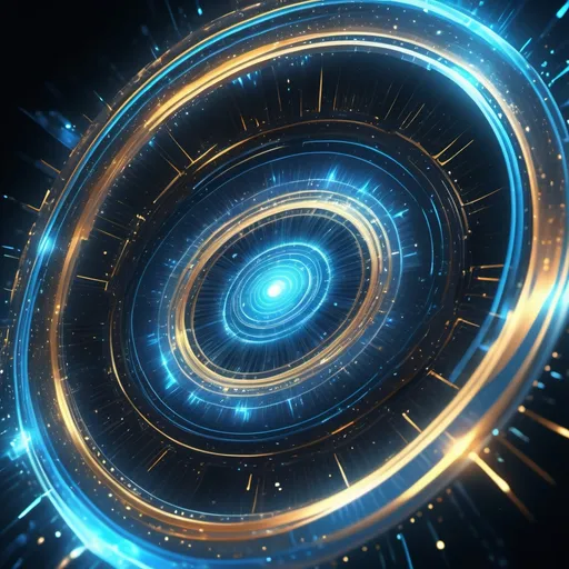 Prompt: (time-traveling portal), shimmering with vibrant energy, glowing hues of blue and gold, mystical aura, swirling lights and particles, futuristic design elements, ethereal atmosphere, dramatic perspective, sci-fi aesthetic, swirling cosmic patterns, intricate details, energy waves radiating outward, (4K), ultra-detailed, capturing motion and energy.