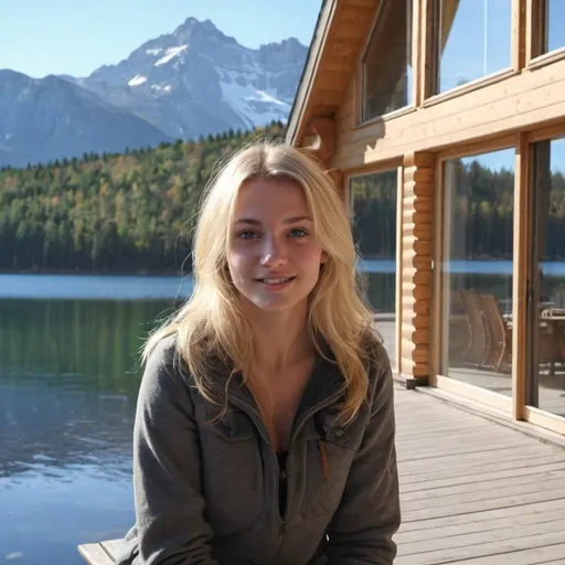 Prompt: montagne majestueuse, lac, chalet en bois, femme blonde 20 ans magnifique