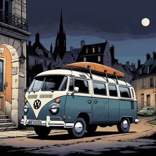 Prompt: Combi Volkswagen, mystery machine, number 13 on the door, french city, detailed, dark colors, dramatic, graphic novel illustration,  2d shaded retro comic book, spooky, vue ¾, antenne 