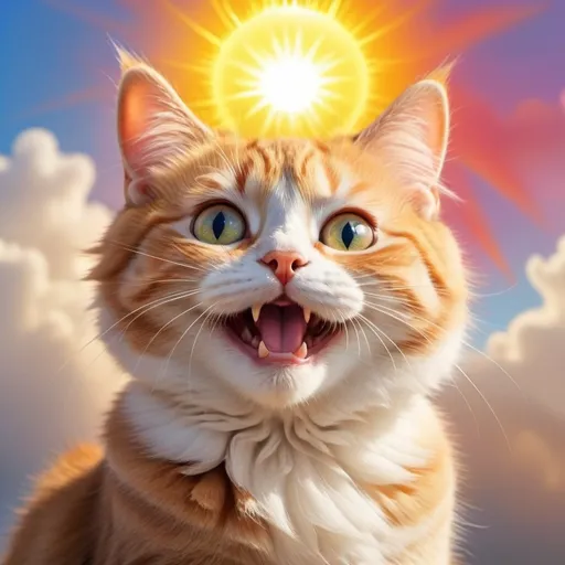 Prompt: funny cat, (playful pose), interacting with a (bright, cheerful sun), vibrant colors, whimsical design, cartoonish style, light-hearted ambiance, surrounded by sunshine and clouds, happy expressions, distinct facial features, ultra-detailed, 4K quality, ideal for a profile picture, lively and engaging atmosphere.