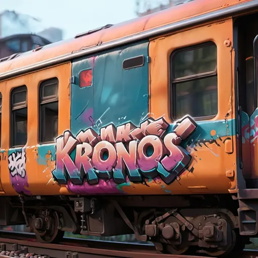 Prompt: (accurately spelled text "Make Kronos corrections"), vibrant graffiti, side of a train, urban setting, bright colors, bold lettering, dynamic composition, high detail, elements of decay, city background at dusk, warm glow of setting sun, contrasting shadows, artistic expression of rebellion, gritty atmosphere, ultra-detailed, 4K quality.