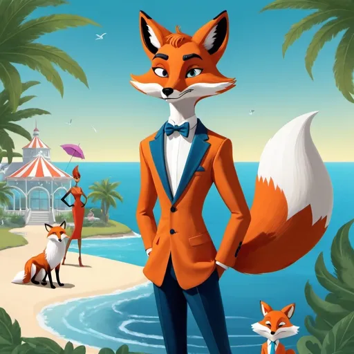 Prompt: A cartoony version of a fox, who is a fashion designer. There is a runway show happening on a beautiful peninsula, with the ocean & sun glistening. 
A second sneaky fox is plotting in the background. 
The star of the fashion show is a handsome male peacock. 
The animals should be personified. The primary characters are the two foxes and the peacock. 