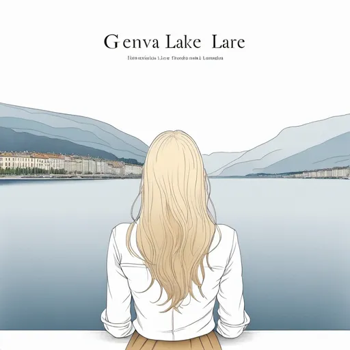 Prompt: book cover minimalist drawing: white background, a small french blond woman view from her back with long hair is looking at the geneva lake without naming it
