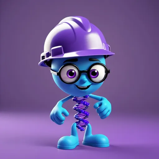 Prompt: a cartoon character that is blue and purple dna wearing a hard hat 