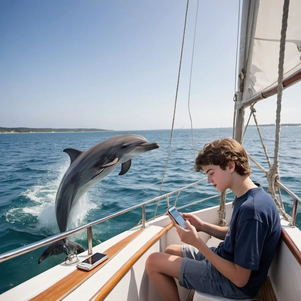 Prompt: A teen is on a sailing boat checking his mobile phone. At that time dolphins jump around him, but he doesn't seem to notice them.