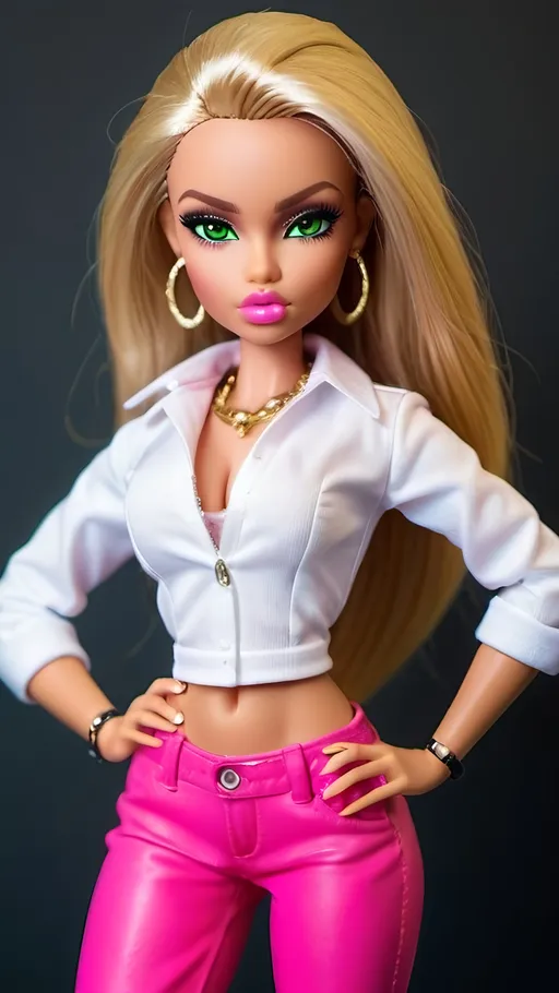 Prompt: 
Glamorous boss girl (realistic Bratz doll), sassy attitude, vibrant fashion, bright green eyes, long eyelashes, full big pouting lips, blonde hair, styled in pink and white attire, confident pose, tanned skin radiating youthfulness, (full length image), sunlit ambiance, (high-definition), vivid colors, cinematic display of allure. Full length body pose, boss girl bratz doll pose, trend statement pose,