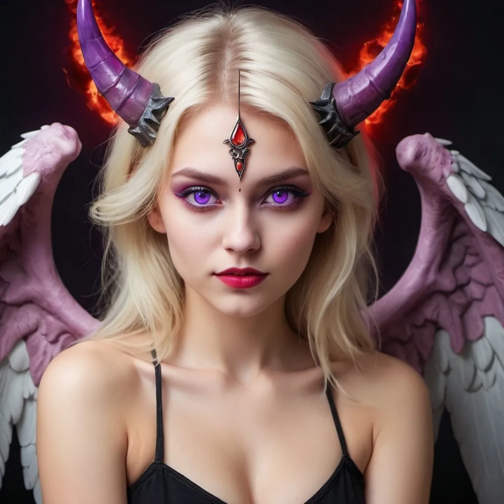 Prompt: Beautiful Blonde girl with one red and one purple eye with a halo, and demon horns and wings